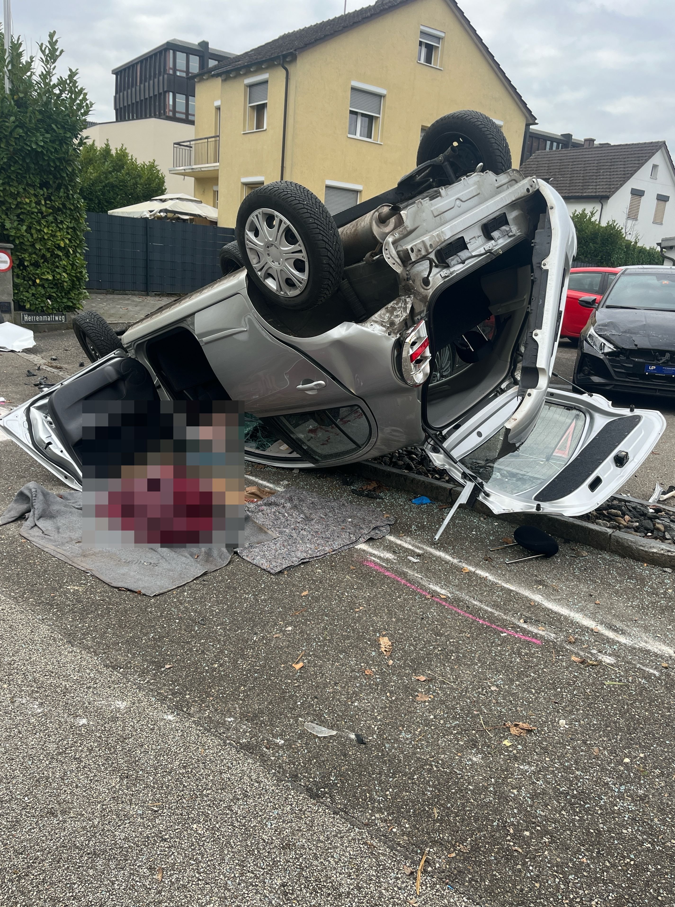 D-niken-Lenkerin-prallt-in-parkierte-Autos-Wagen-landet-auf-dem-Dach